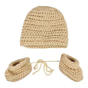Handmade Crocheted Baby Beanie Hat & Booties Layette Ensemble Light Brown Tan